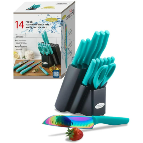 Kitchen Knife Set DISHWASHER SAFE Marco Almond KYA27 14PC Rainbow Kitchen Knife Block Set,Titanium Cutlery Knife Set,Teal Kitchen Knife Set DISHWASHER SAFE Marco Almond KYA27 14PC Rainbow Kitchen Knife Block Set,Titanium Cutlery Knife Set,Teal