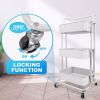 Three-layer mesh utility cart, rolling cart with handle and lockable wheel, multi-function storage rack in kitchen, living room and office-White