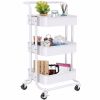 Three-layer mesh utility cart, rolling cart with handle and lockable wheel, multi-function storage rack in kitchen, living room and office-White